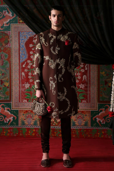 Hussain Rehar Brown hand embellished sherwani set HUSSMAY26D144420
