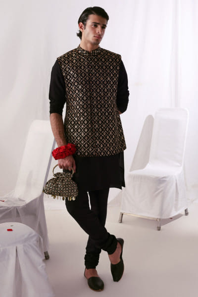 Hussain Rehar Black hand embellished Nehru jacket set HUSSMAY26D144426