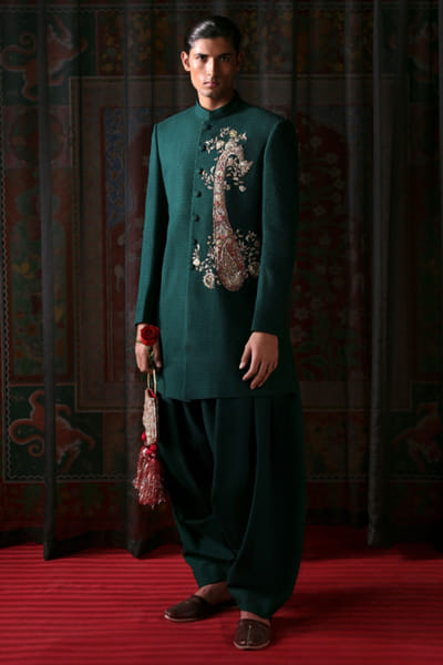 Hussain Rehar Green hand embellished paisley sherwani set HUSSMAY26D144421