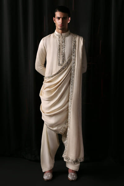 Hussain Rehar Off-white hand embellished kurta set HUSSMAY26D144429
