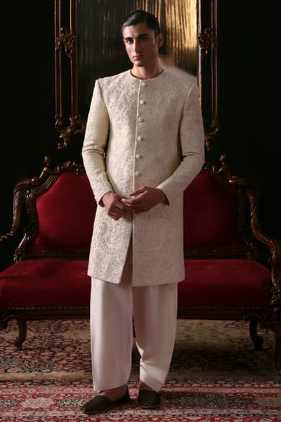 Hussain Rehar Off-white hand embellished dori sherwani set HUSSMAY26D144430