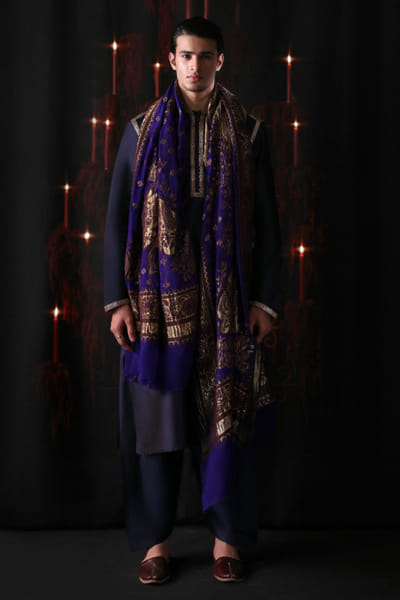 Hussain Rehar Blue hand embellished mukaish kurta set HUSSMAY26D144431