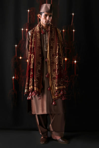 Hussain Rehar Brown hand embellished mukaish kurta set HUSSMAY26D144422