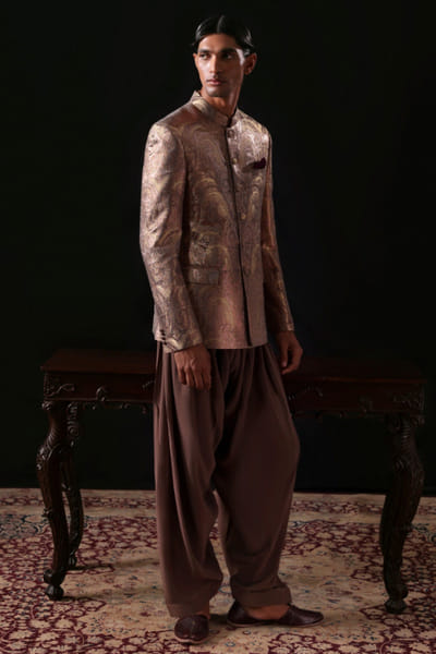 Hussain Rehar Copper gold brocade bandhgala-salwar set HUSSMAY26D144423