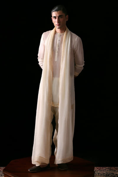 Hussain Rehar Off-white chiffon gold border kurta set HUSSMAY26D144433