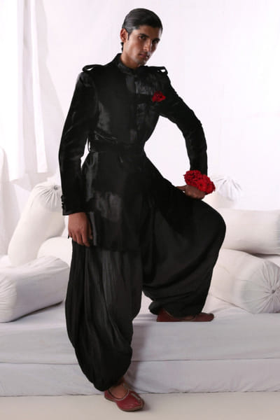 Hussain Rehar Black velvet long jacket-salwar set HUSSMAY26D144434