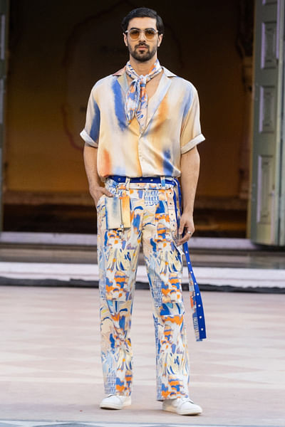 Multicolour print belted trousers