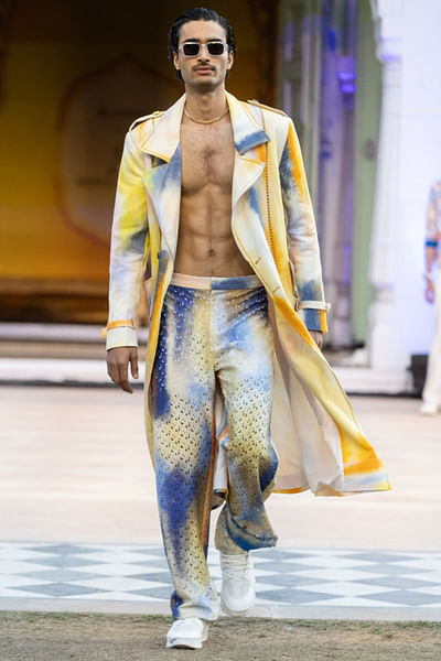 Multicolour stroke printed laser cut trousers