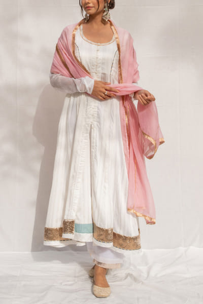 Myaara White chanderi anarkali set MYAOCT2203