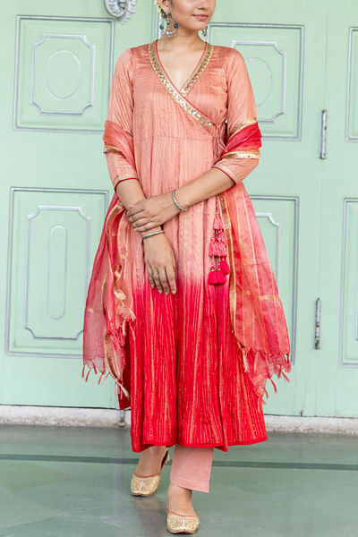 Peach and red ombre anarkali set