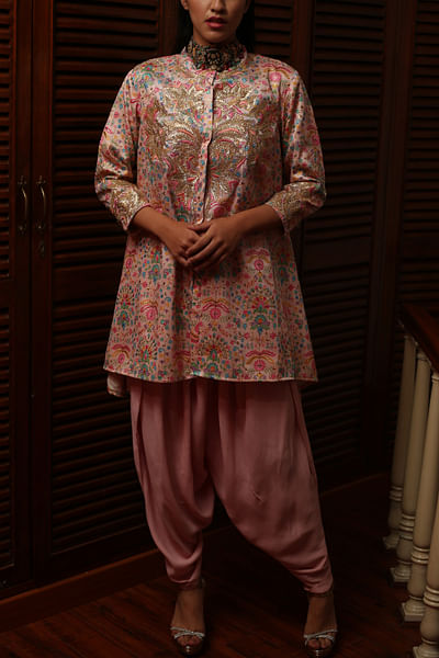 Pink printed dhoti kurta set.