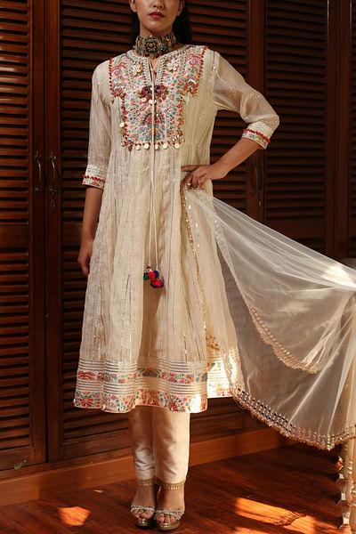 Off-white embellished anarkali set