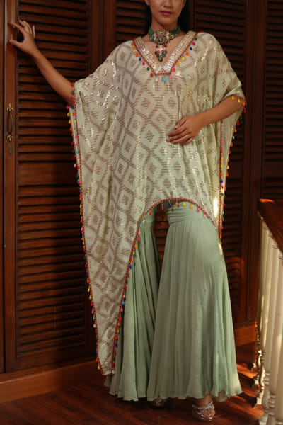 Pista green embellished kaftan set