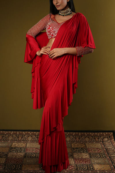 Red embellished sari set