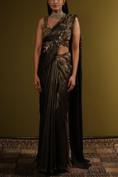 Copper embellished georgette sari set