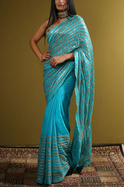 Aqua embellished georgette sari set