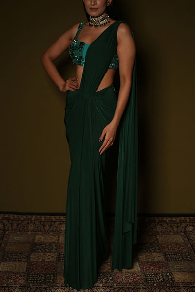 Dark green embellished sari set