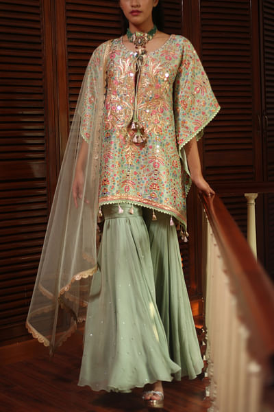 Pista green embellished kaftan set