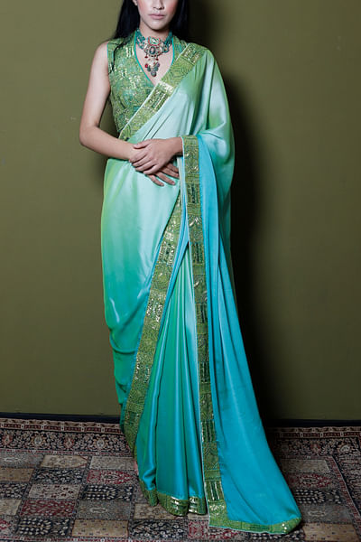 Shaded green embellished sari set