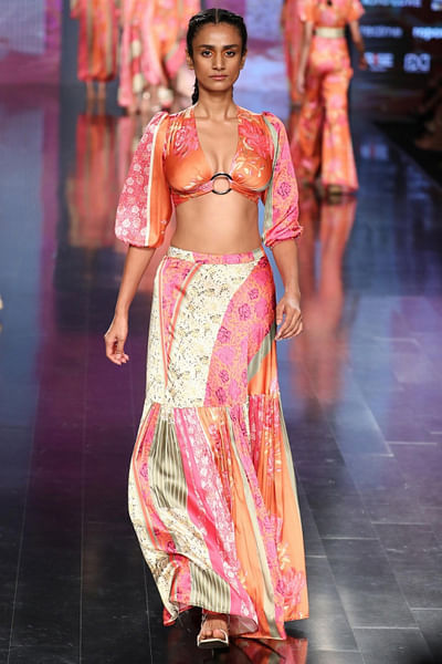 Printed satin skirt set
