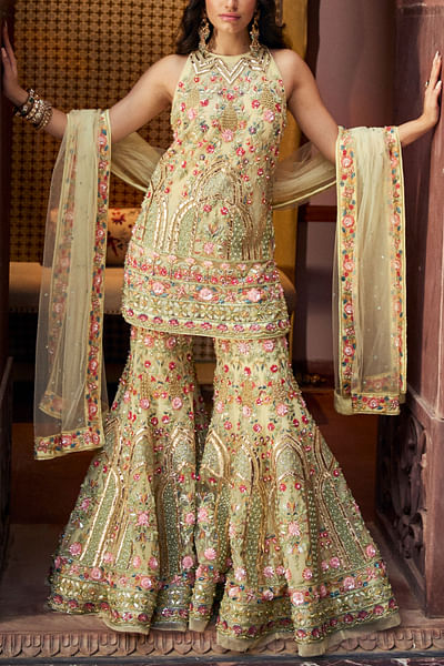 Green floral embellished sharara set