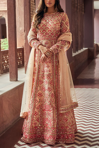 Peach embellished anarkali set