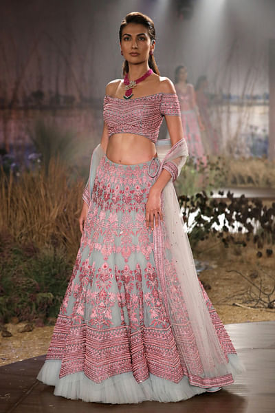 Blue and pink embellished lehenga set