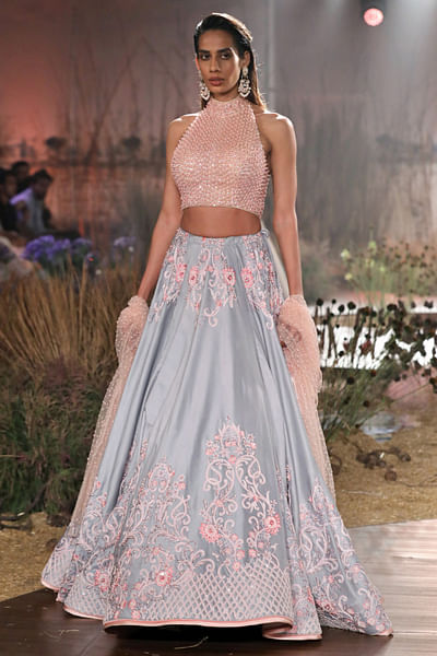 Blue and baby pink embellished lehenga set
