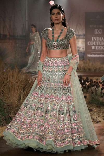 Multicoloured embellished bridal lehenga