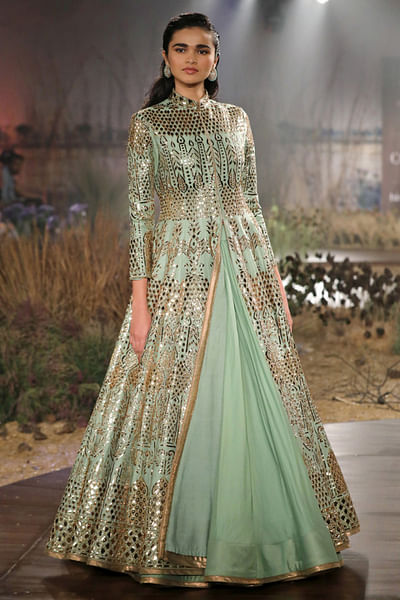 Green & gold embellished kalidaar jacket lehenga set