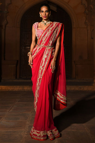 Fuchsia embroidered sari set