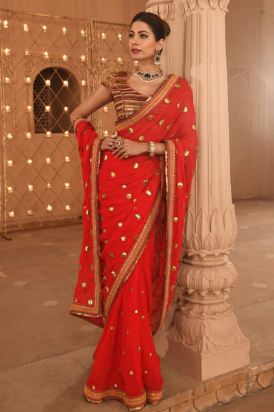 Red & gold embellished sari set
