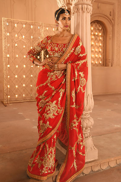 Red & gold embellished sari set