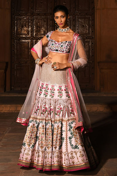 Baby pink printed bridal lehenga