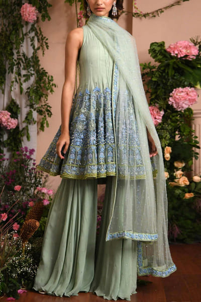 Mint green embroidered sharara set
