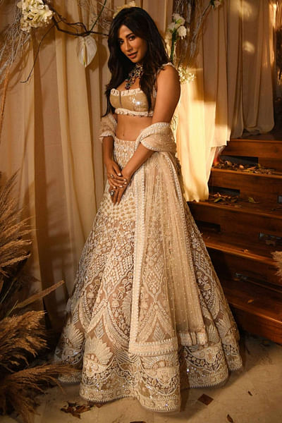 Nude pearl embroidered lehenga set