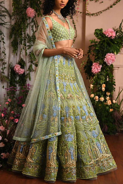 Green embroidered lehenga set