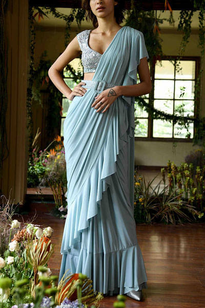 Blue ruffle sari set