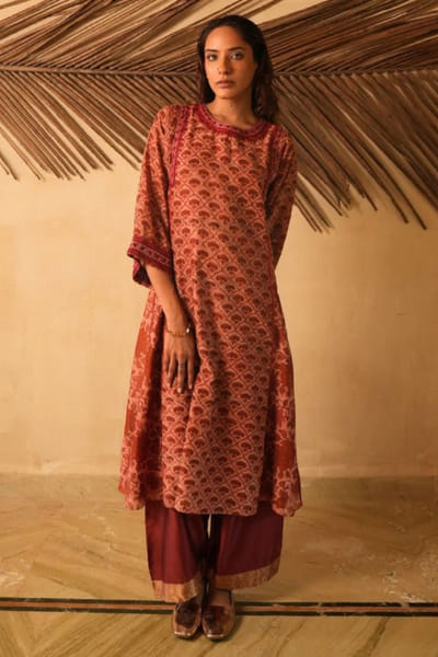 Maroon ajrakh printed embroidered kurta set