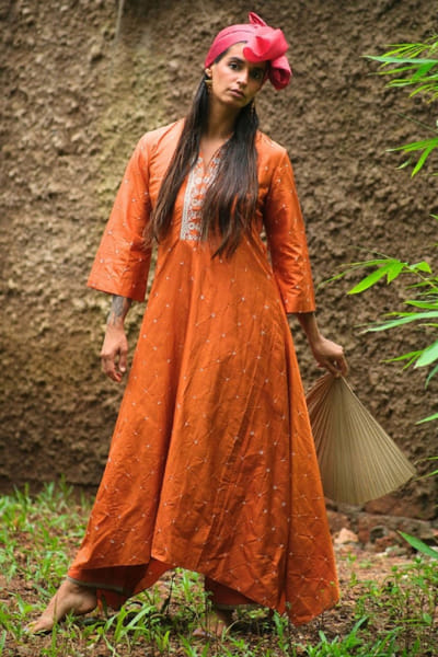 Rust embroidered bandhani kurta set
