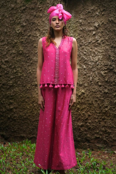 Rani pink bandhani embroidered palazzo set