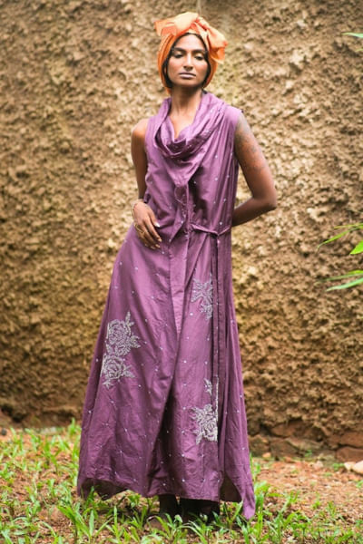 Purple French knot embroidered cowl dress