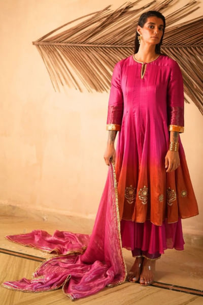Rani pink and rust ombre embroidered kurta set