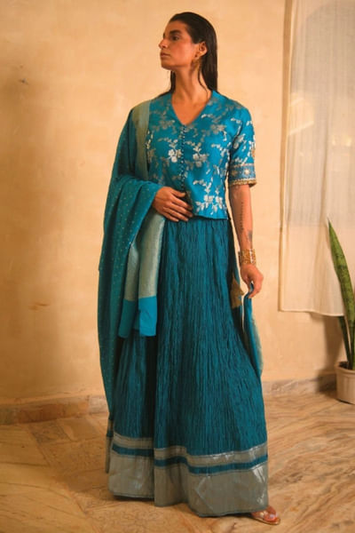 Turquoise blue brocade skirt set