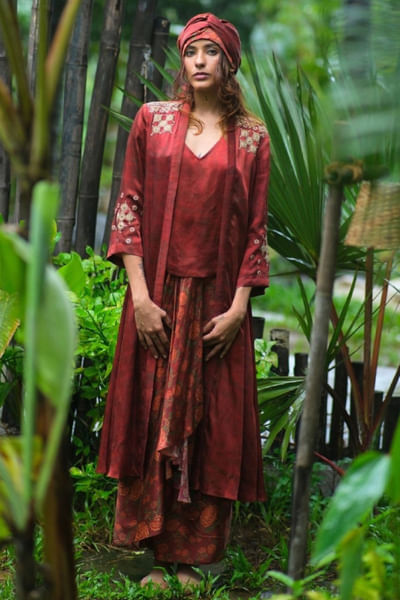 Maroon embroidered jacket set