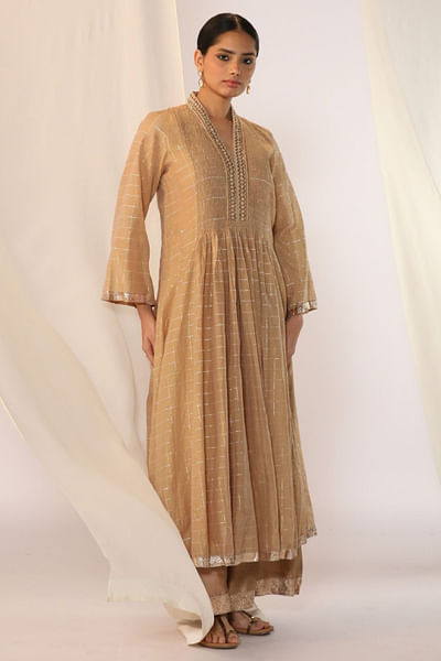 Champagne mist smocked check woven kurta set