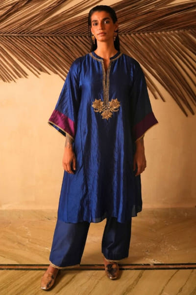 Navy blue embroidered kurta set