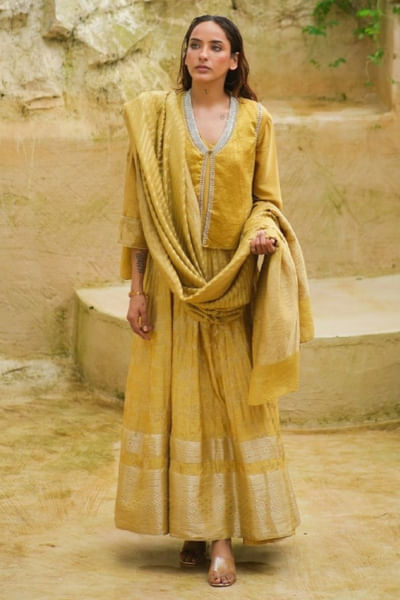 Lime green embroidered chanderi kurta set