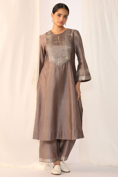 Dove grey French knot embroidered kurta set