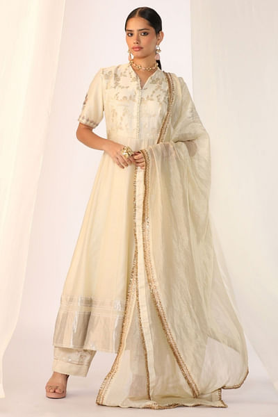 Pearl white floral anarkali set